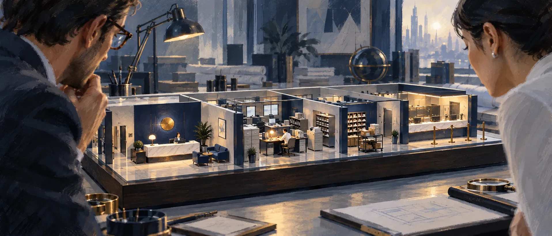 Two people study a detailed miniature office, its staff at work, laid out on a desk.